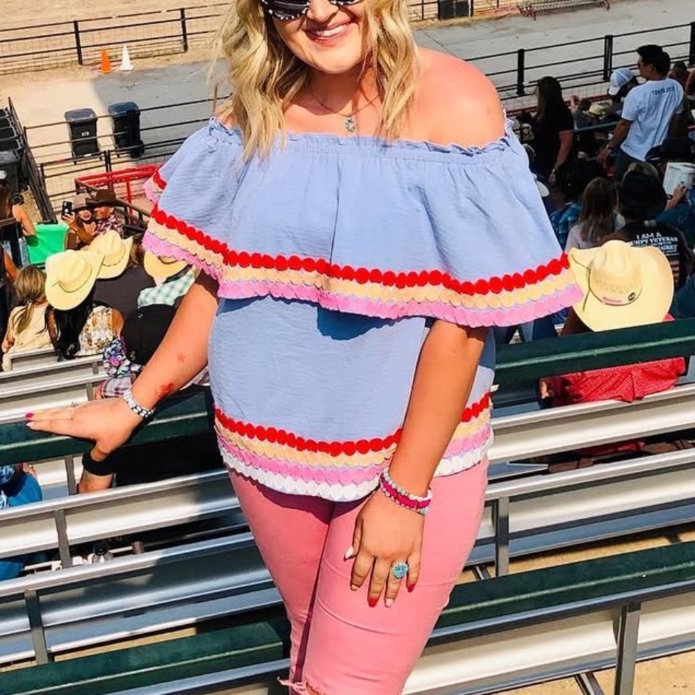 Entro Blue Off-Shoulder Blouse with Red and Pink Accents